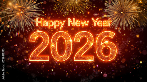 Happy New Year 2026 neon glowing text with sparkling fireworks background, festive lights, glitter effects, and holiday celebration design in vibrant colors.