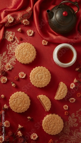 Chinese Mid-Autumn Festival mooncakes with black teapot and tea cup on vibrant red background. Moon cakes and tea on a red background, top view, flat lay. View from above.