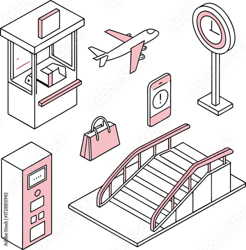Isometric airport elements perfect for travel, tourism, and business presentations; capturing the essence of flight and modern convenience.