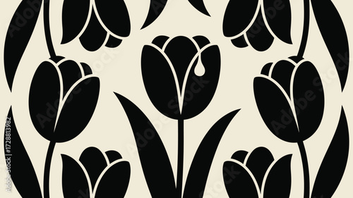 Elegant black tulip pattern on cream background, a timeless floral design perfect for sophisticated branding and decor projects.
