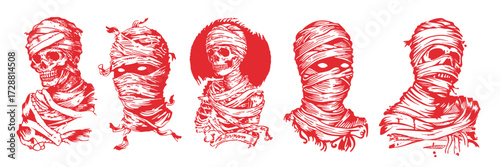 Halloween mummy design element set in vintage style sketch for spooky illustration and posters