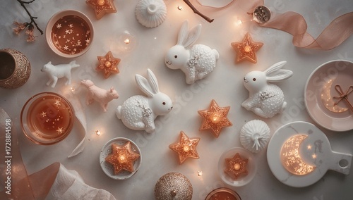 Christmas and New Year holiday background with decorations, candles and cookies. Cup of tea with milk, cookies and pink flowers on a light background