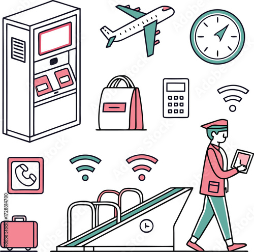 Travel essentials and modern airport elements create seamless journeys, featuring a pilot, airplane, and boarding pass reader for easy travel experiences