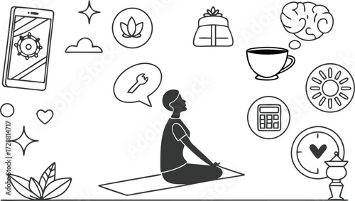 Serene woman meditating amidst symbols of modern life and well-being, embracing mindfulness and balance for a healthier lifestyle.