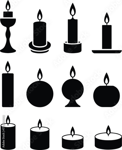  Candle icons collection, burning candle silhouettes, decorative wax candles, round candle, tall candle, tea light, religious candle, home decor element, vector design