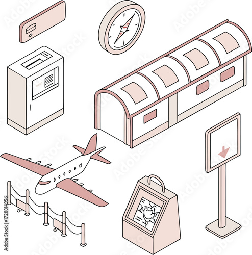 Isometric travel elements including airplane, compass, and information kiosk create a modern travel design concept, perfect for brochures or websites.