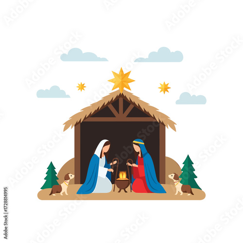 Illustration of the Nativity scene with Mary and another woman, a star, and a stable.