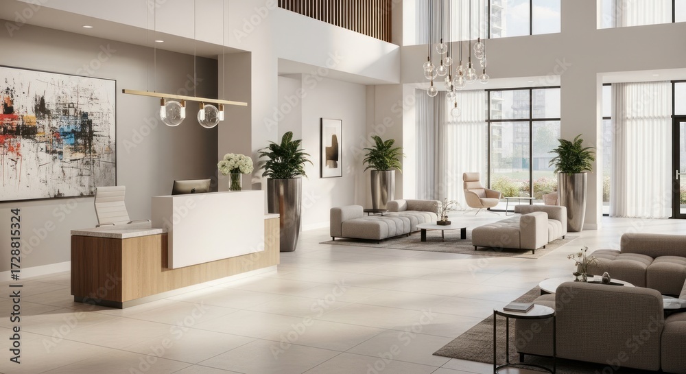 Fototapeta premium Elegant modern lobby interior with reception desk and comfortable lounge area bathed in natural