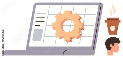 Laptop displaying gear on spreadsheet grid symbolizing workflow, productivity, and automation. Coffee cup and human head reinforce themes of creativity, focus, work-life balance. Ideal for workflow