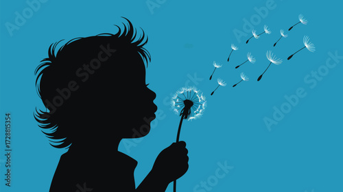Joyful child silhouette blowing dandelion seeds into the wind, symbolizing wishes, dreams, and carefree childhood wonder
