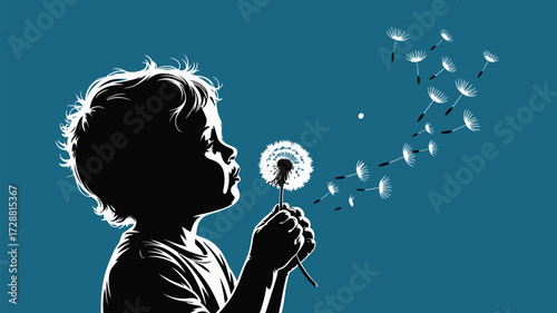 Innocent child's silhouette blowing dandelion seeds into the wind, symbolizing dreams and new beginnings with a touch of magic and wonder.
