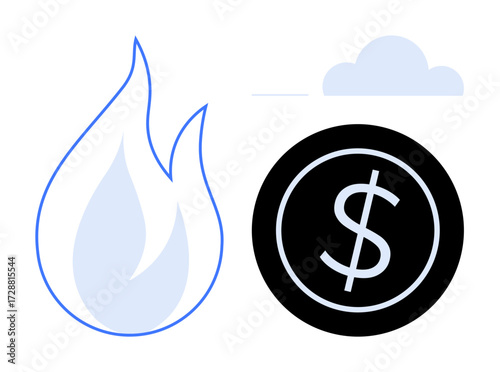Fire icon next to a coin with a dollar sign and cloud outline, symbolizing energy costs, sustainability, finance, economy, resource management, energy crisis, and environmental issues. Ideal
