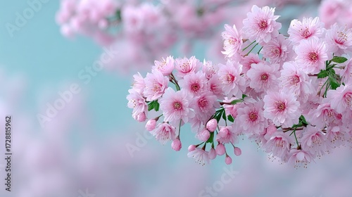 Delicate Pink Cherry Blossoms in Soft Focus Against Pale Blue Sky Serene Floral Still Life Pastel Colors Dreamy Springtime Bloom Close Up Tranquil Nature Scene