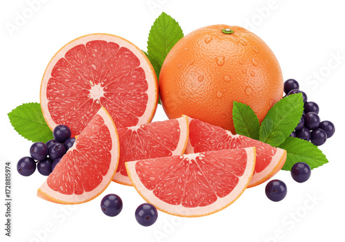 Isolated grapefruits with grapes, healthy refreshment, citrus fruit, snack, tasty snack