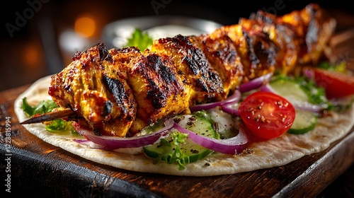 Delicious chicken shish kebab served on pita bread with fresh vegetables and a creamy dipping sauce nearby.