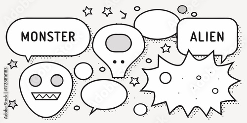Spooky doodle art featuring monsters and aliens with speech bubbles, perfect for Halloween designs or fun educational resources for kids' creative projects