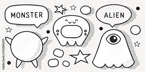 Spooky cute monster alien doodles with speech bubbles, perfect for Halloween designs and fun educational content, originally a scalable vector graphic.
