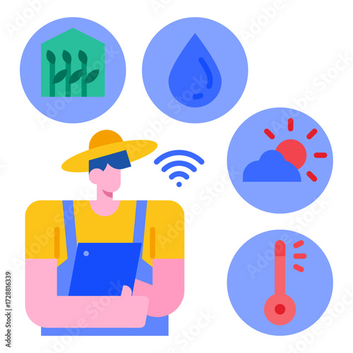 Smart Farming / Digital Agriculture Smart farming vector illustration. Farmer with wireless IoT icons showing greenhouse, water drop, weather, and temperature monitoring