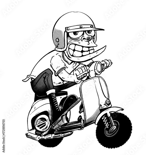 Cartoon man with helmet riding scooter