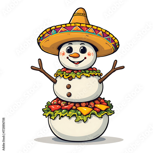 Cute Snowman in Mexican Sombrero with Taco Costume – Fun Holiday Cartoon Illustration