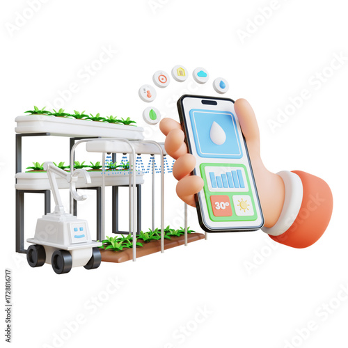 Smart Farming Smart farming vector illustration. Farmer with wireless IoT icons showing greenhouse