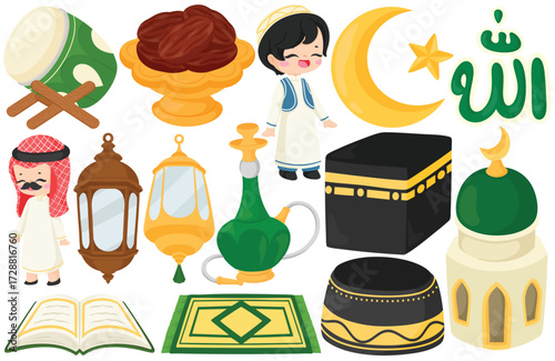 Watercolor islamic culture and ramadan festival illustration with kaaba mosque crescent star allah quran prayer mat lantern date drum arab man boy hookah and traditional element design
