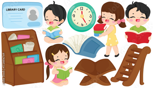 Cute cartoon library illustration with child reading book library card bookshelf open book clock ladder and education element in colorful design for learning and knowledge theme