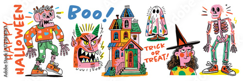 Hand drawn style halloween doodles featuring halloween monster characters