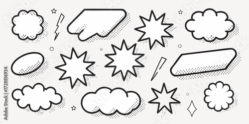 Trendy speech bubbles and stars for social media marketing graphics, create eye-catching content with these versatile communication elements and dynamic shapes