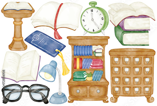 Watercolor library clip art illustration with open book bookmark clock lamp eyeglass bookshelf cabinet and study element in decorative handpainted design for education reading and knowledge theme