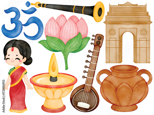 Watercolor india culture clip art illustration with om symbol lotus diya lamp sitar shehnai india gate clay pot and indian woman in sari dress in decorative handpainted design for tradition theme