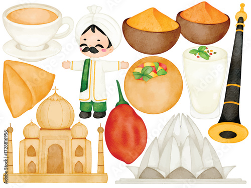 Watercolor india culture clip art illustration with taj mahal lotus temple indian man samosa curry spice lassi chai tea shehnai and traditional food 