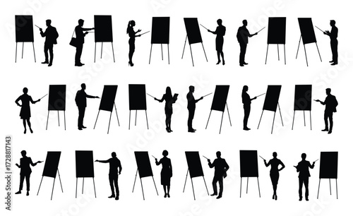 Business leader giving business presentation in front of whiteboard in different positions black silhouette set vector collection.