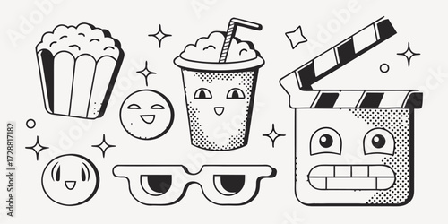 Cute movie night icons featuring popcorn, drink, 3D glasses, clapperboard, and happy faces in a fun, modern style perfect for entertainment designs