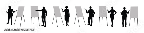 Business meeting presentation with whiteboard silhouettes set vector flat graphic collection.