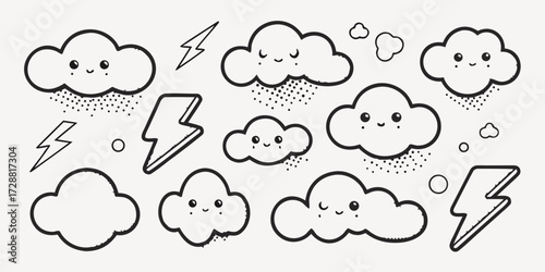 Adorable Kawaii Weather Icons Featuring Smiling Clouds and Lightning Bolts Perfect for Children's Designs and Playful Branding Materials