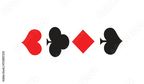 Four playing card suits hearts clubs diamonds spades on white background