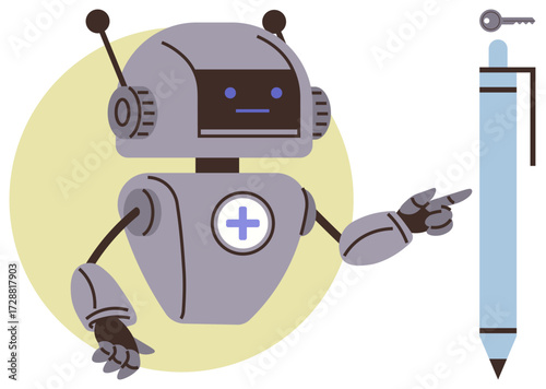 Robot with medical cross symbol pointing at a large pen with a key icon. Ideal for topics thumbs up technology, innovation, healthcare, education, robotics, creativity, problem-solving. Simple flat