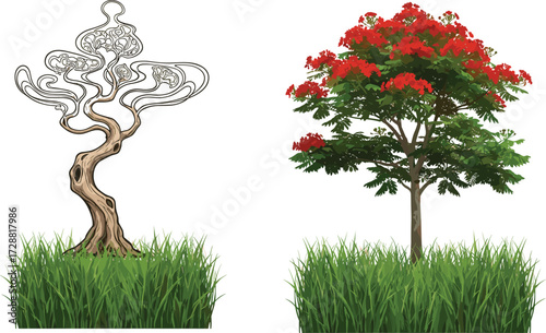 ree, foliage, blossom, seasonal, abstract, artistic, nature, landscape, vector, illustration, red, flowering, trunk, contrast, growth, concept, design, flora, outdoor, comparison