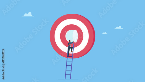 Businessman climbing up ladder to big dartboard or archery target and opening bullseye door. Secret to be success, business strategy to reach target or goal, objective or career challenge.