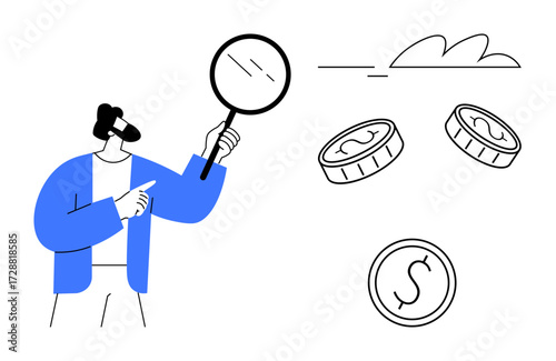 Person holding magnifying glass examining coins, pointing forward, light cloud in background. Ideal for finance, economy, analysis, investigation, wealth auditing budgeting. Simple flat metaphor