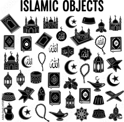 Collection of Islamic Objects and Symbols Silhouettes. Muslim Culture and Religion Icons: Mosques, Quran, Prayer Mats, Rosary, Lanterns, Crescent, Dates. Vector Set for Ramadan and Eid.