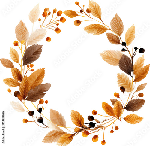 Watercolor autumn wreath, isolated on a white background, with light brown and dark amber colors, a minimalistic design, and hand-drawn elements.