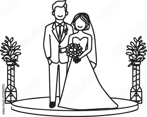 Vector line art of bride and groom in traditional wedding attire. EPS-ready for culture, celebration, and couple themes. Perfect for editorial and festive design use.