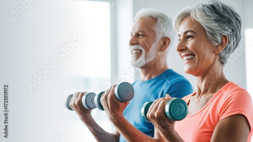 Senior exercising. Excited senior multiracial man and woman exercising together workout with light dumbbells in both hands. 