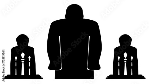 Mysterious hooded figures stand guard with glowing orbs, evoking intrigue and ancient power