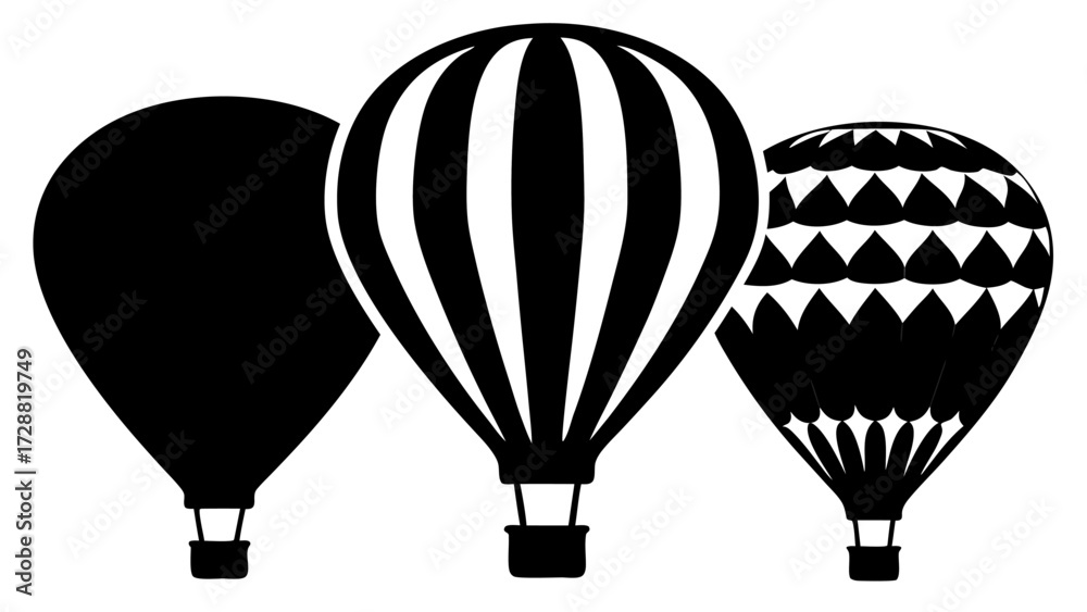 Obraz premium Three stylized hot air balloons ascend in a dynamic composition, symbolizing adventure and travel.