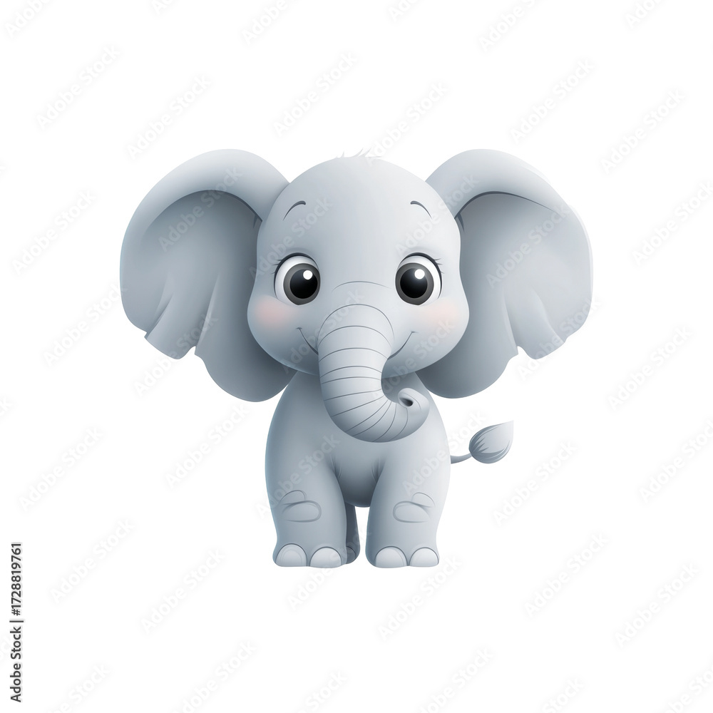Fototapeta premium Adorable cartoon elephant with big ears on white background