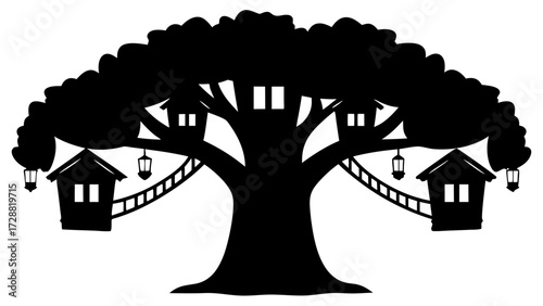 Whimsical treehouse village with hanging lanterns and rope bridges evokes childhood wonder and adventure.