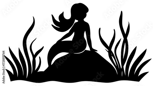 Silhouette of a mermaid sitting on a rock with aquatic plants, black and white fantasy